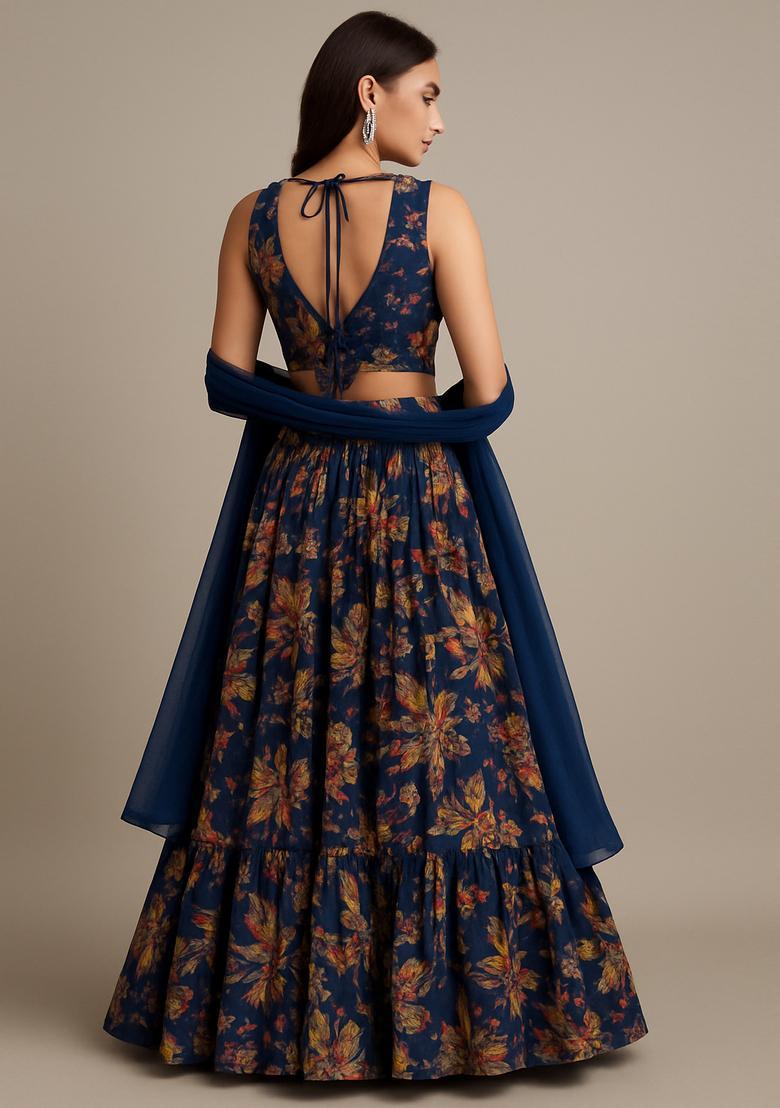 Blue Printed Silk Blend Lehenga Set - Indya