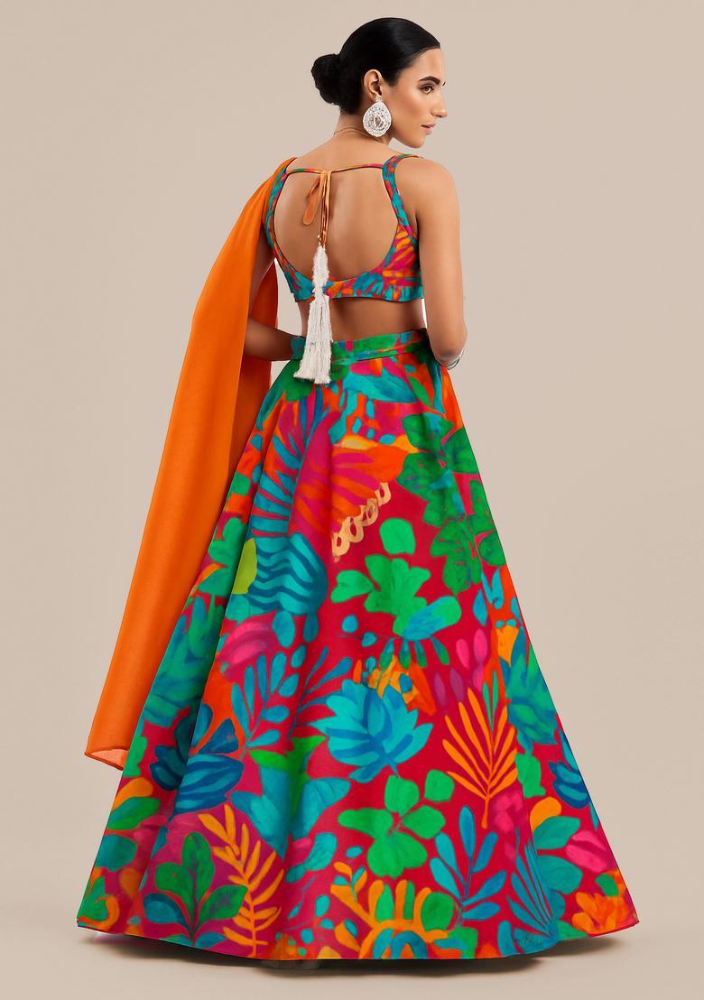Multicolor Printed Organza Lehenga Set - Indya