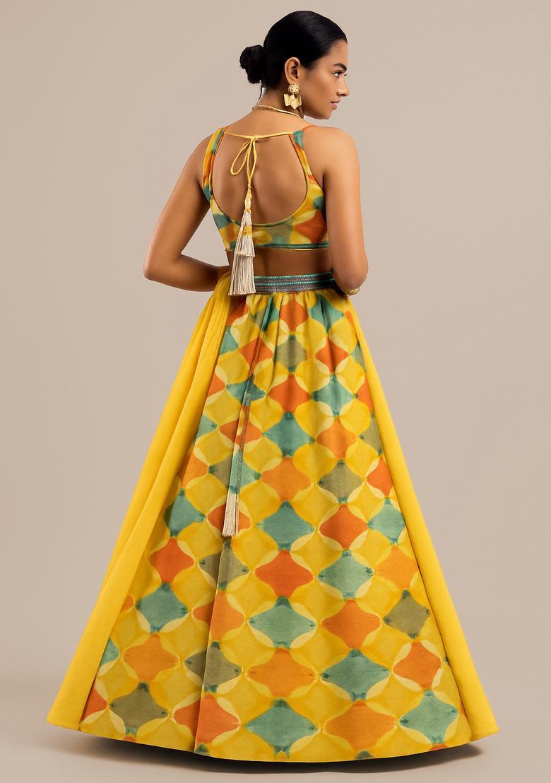Yellow Printed Organza Lehenga Set - Indya