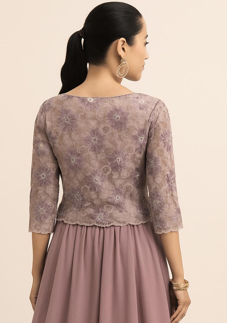 Mauve Embroidered Georgette Lehenga Set - Indya