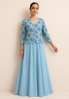 Sky Blue Embroidered Georgette Lehenga Set