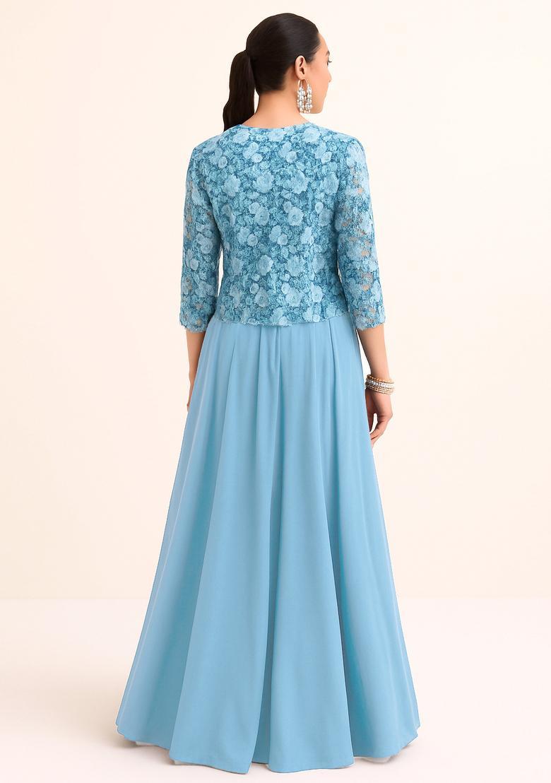 Sky Blue Embroidered Georgette Lehenga Set - Indya