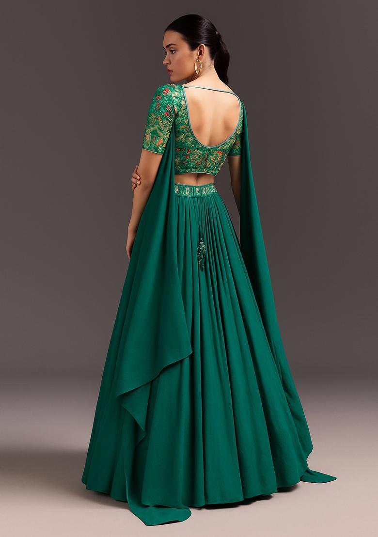 Green Embroidered Blouse Crepe Lehenga - Indya