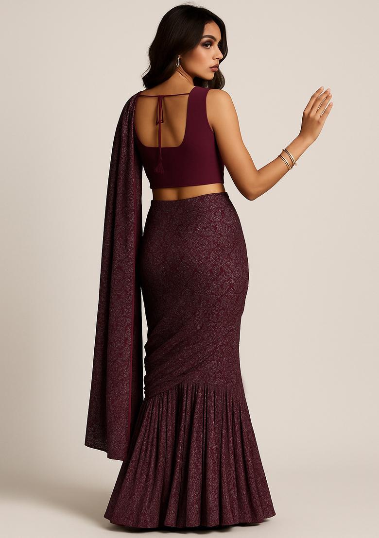 Wine Self Design Lurex Knit Pre Draped Saree Set - Indya
