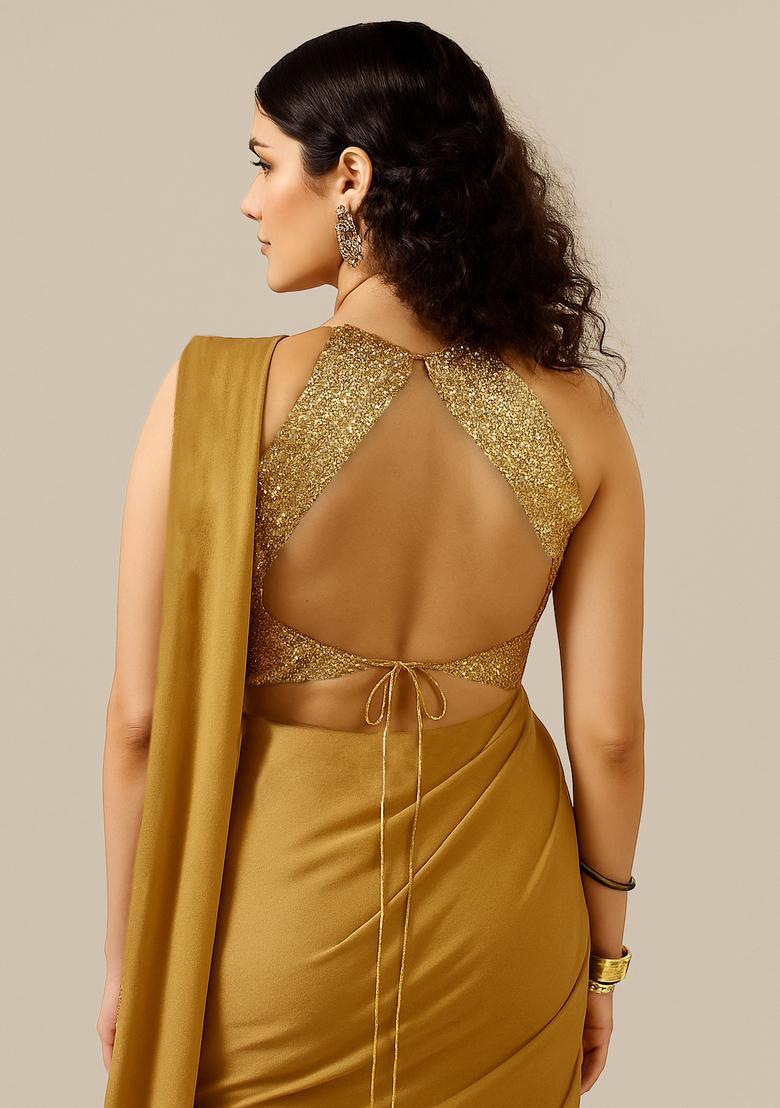 Golden Embellished Blouse Georgette Pre Draped Saree Set - Indya