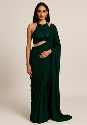 Green Sequin Blouse Georgette Pre Draped Saree Set