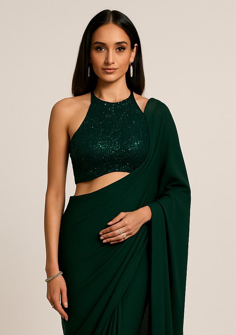 Green Sequin Blouse Georgette Pre Draped Saree Set - Indya
