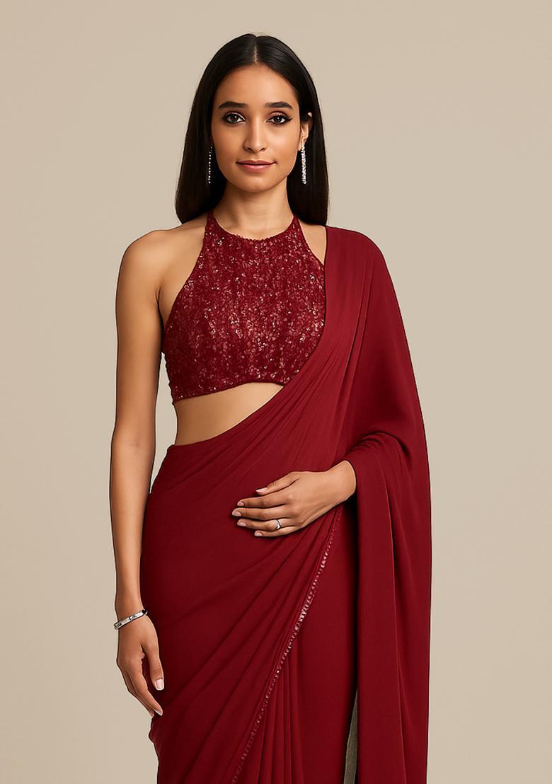 Maroon Embroidered Blouse Chinon Chiffon Pre Draped Saree Set - Indya