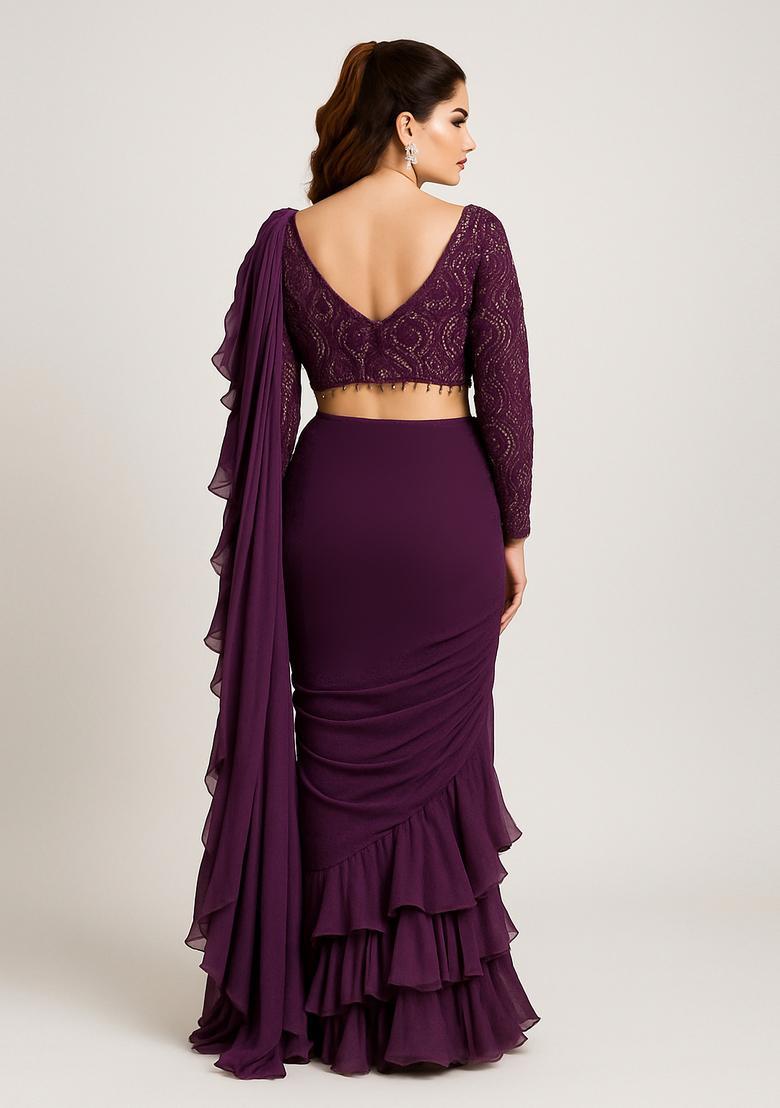 Purple Sequin Embroidered Blouse Georgette Pre Draped Saree Set - Indya