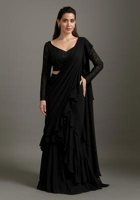 Black Embroidered Blouse Georgette Pre Draped Saree Set