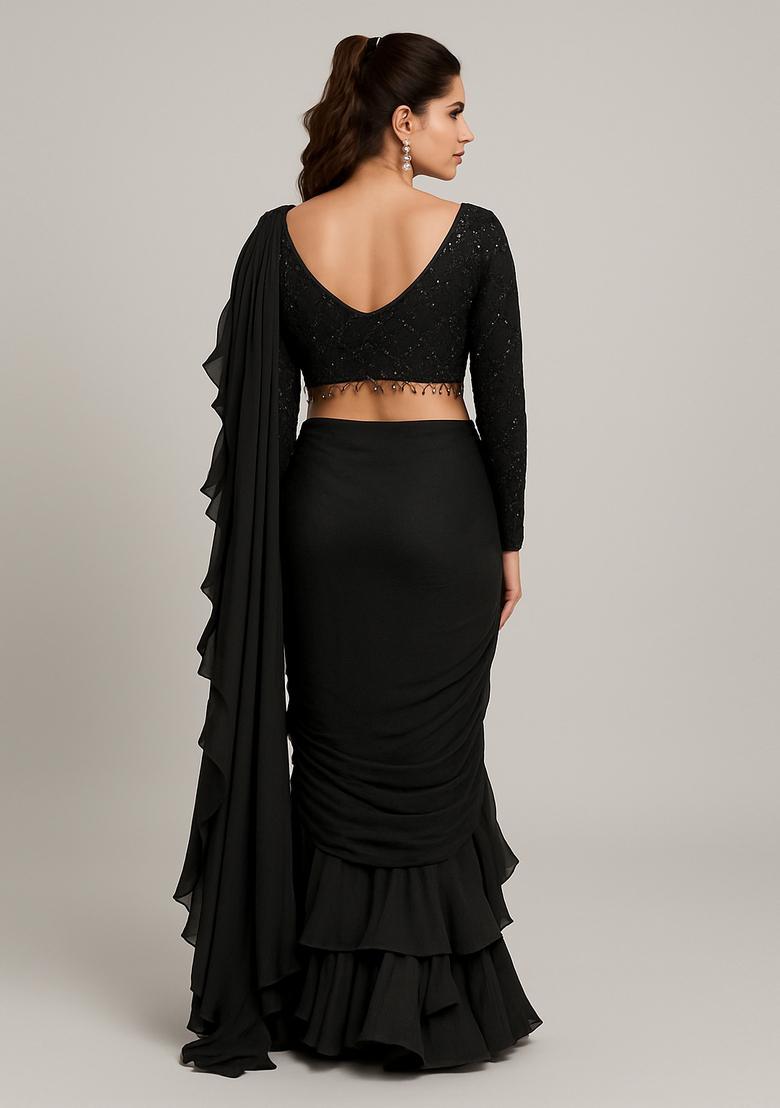 Black Embroidered Blouse Georgette Pre Draped Saree Set - Indya