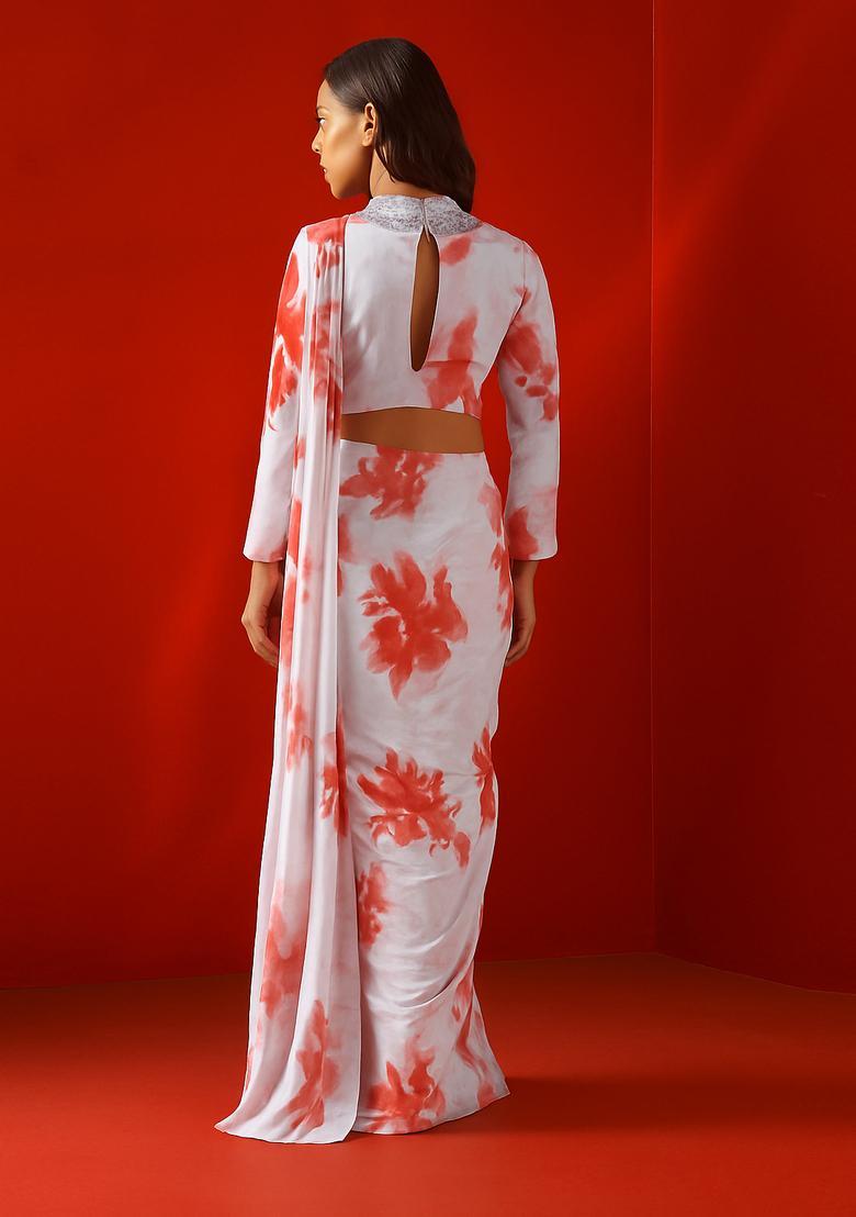 Red And White Printed Crepe Pre Draped Saree Set - Indya