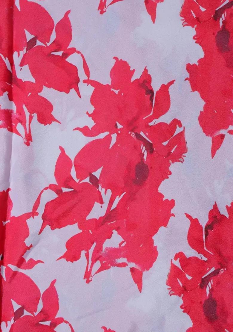 Red And White Printed Crepe Pre Draped Saree Set - Indya