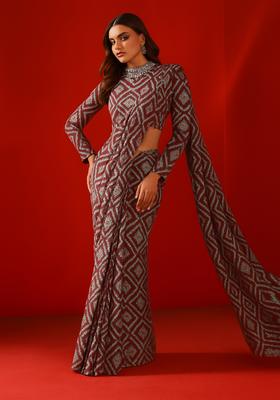 Brown And Olive Printed Crepe Pre Draped Saree Set