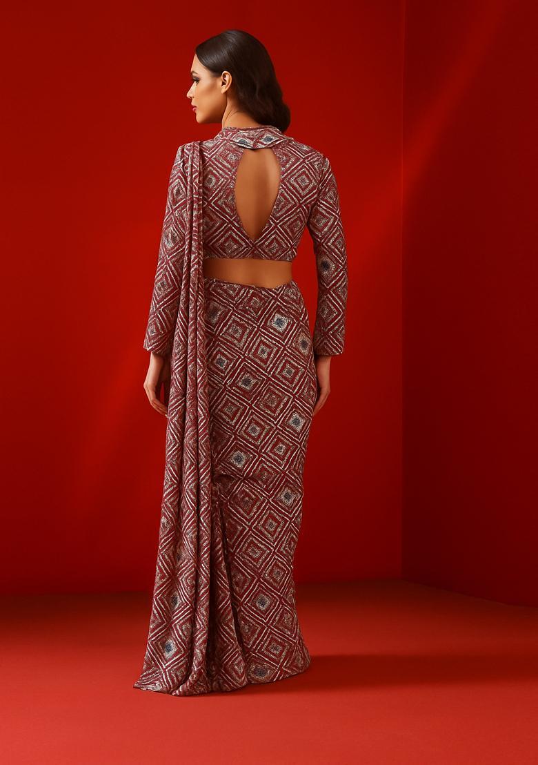 Brown And Olive Printed Crepe Pre Draped Saree Set - Indya