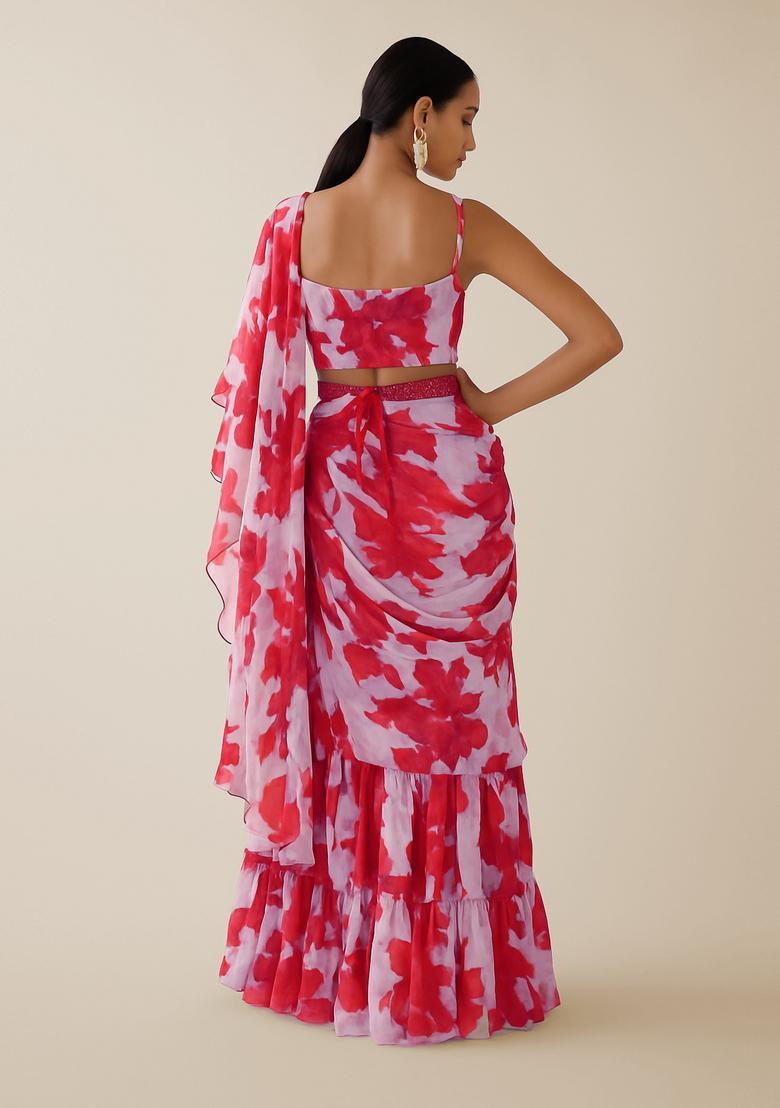 Red And White Printed Crepe Pre Draped Saree Set - Indya