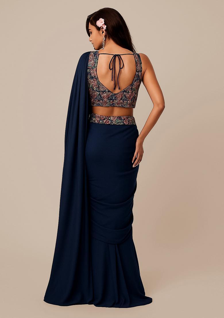Navy Blue Embroidered Blouse Georgette Pre Draped Saree Set - Indya