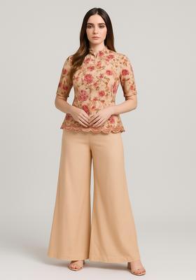 Cream Sequin Embroidered Blouse Georgette Fusion Set
