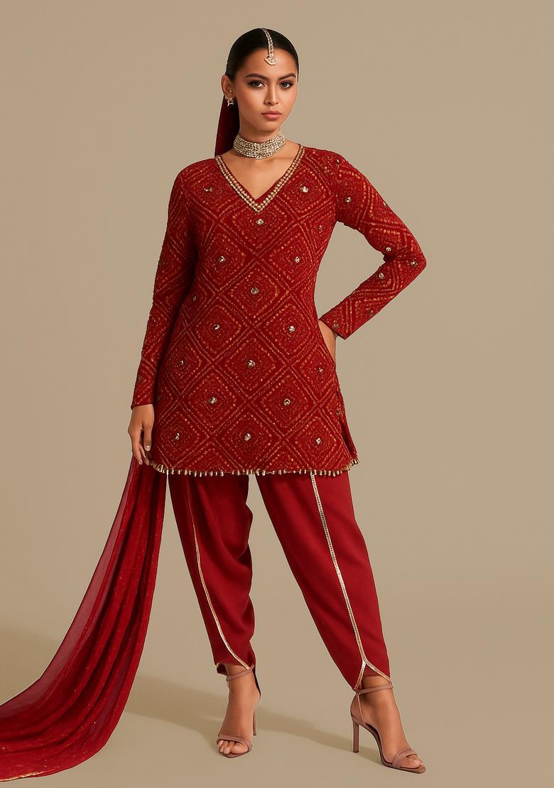 Red Embellished Chinon Chiffon Fusion Set - Indya