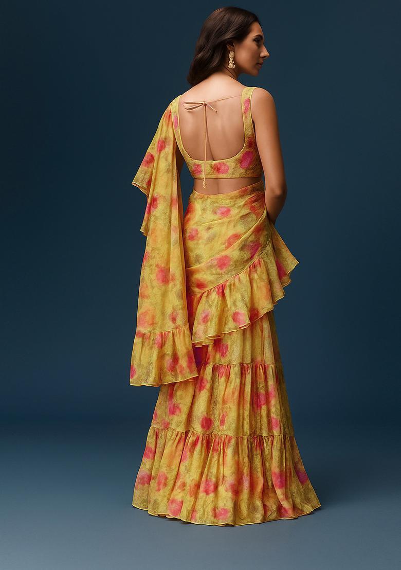 Yellow Printed Chiffon Fusion Set - Indya