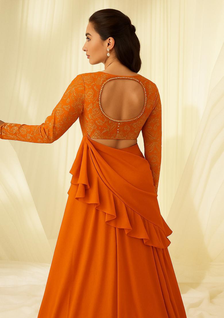 Orange Embroidered Slub Silk Blend Fusion Set - Indya