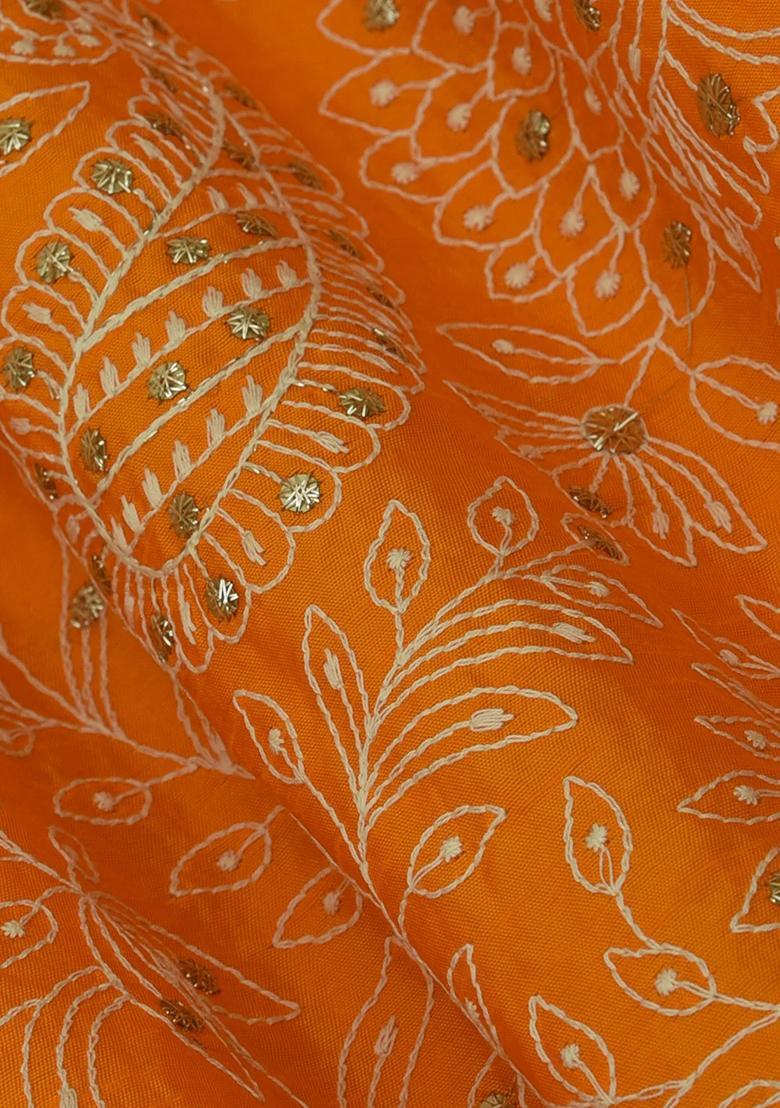 Orange Embroidered Slub Silk Blend Fusion Set - Indya