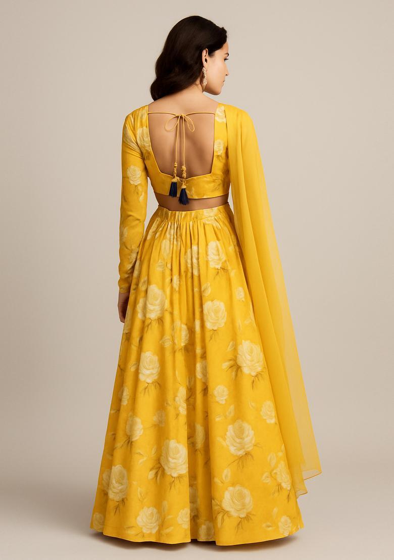 Yellow Printed Georgette Lehenga Set - Indya