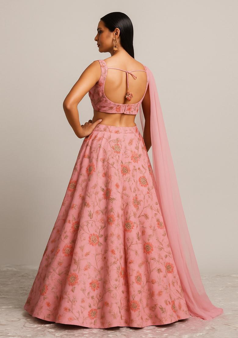 Pink Embroidered Organza Lehenga Set - Indya