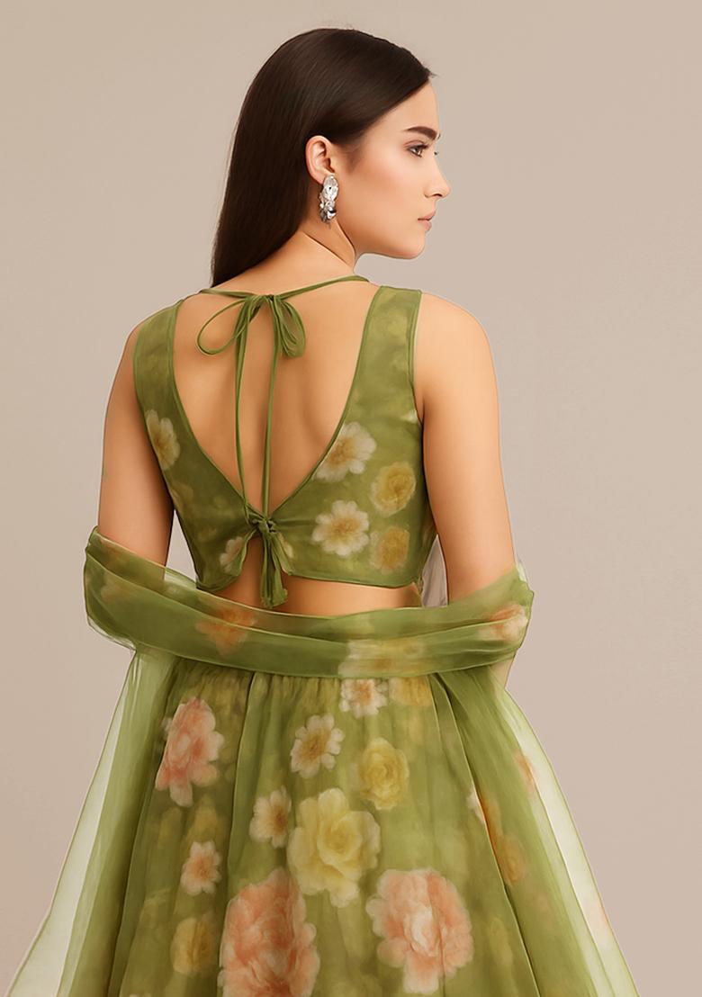 Green Embroidered Georgette Lehenga Set - Indya