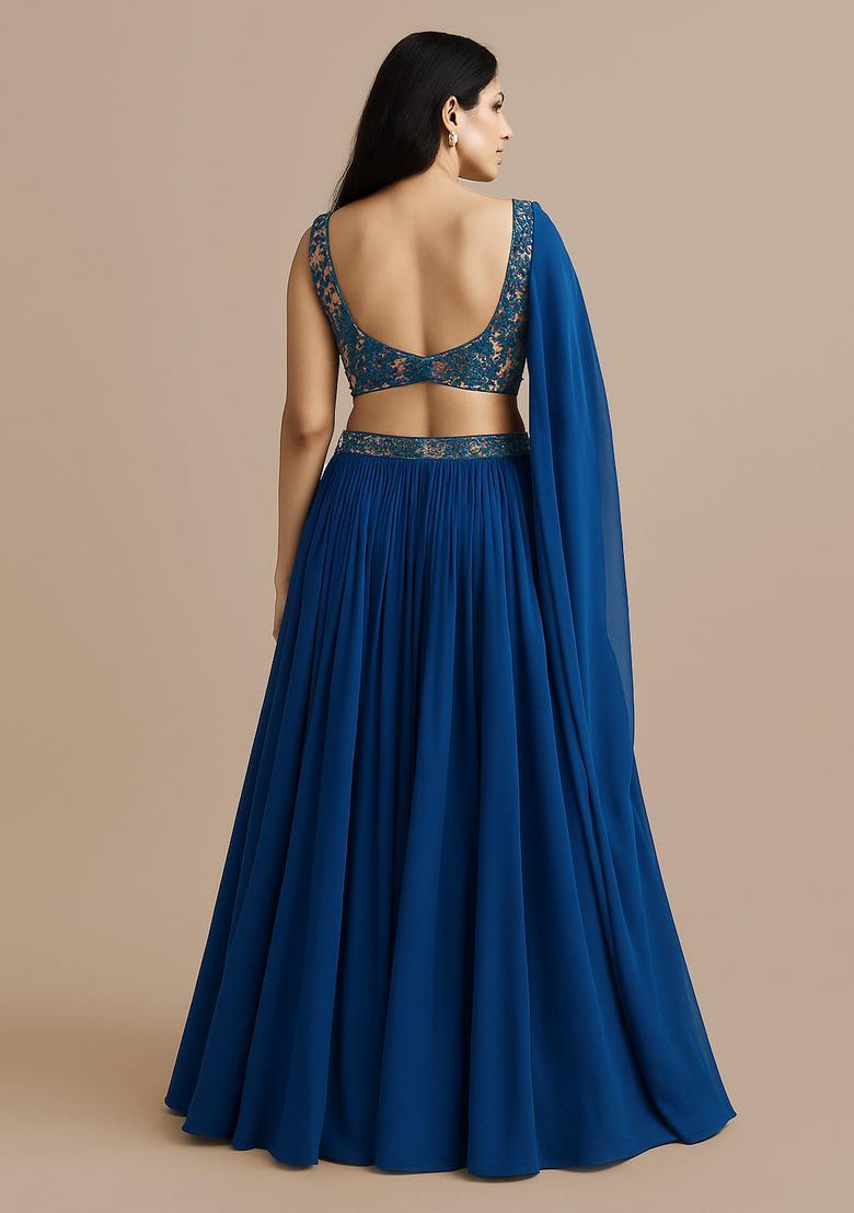 Blue Printed Georgette Lehenga Set - Indya