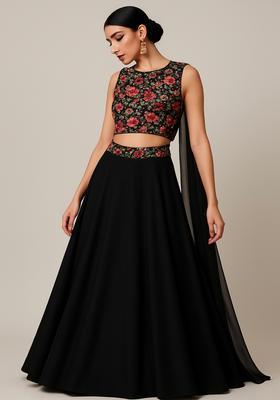 Black Embroidered Blouse Georgette Lehenga Set
