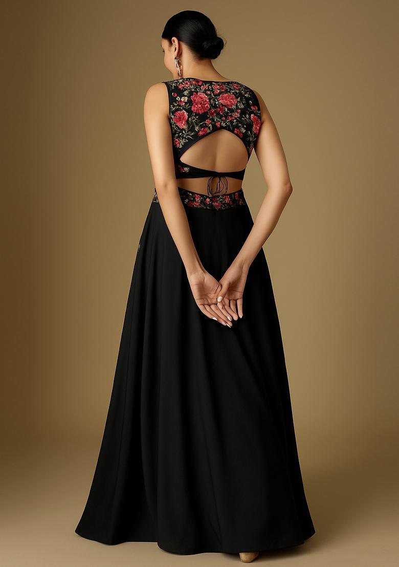 Black Embroidered Blouse Georgette Lehenga Set - Indya
