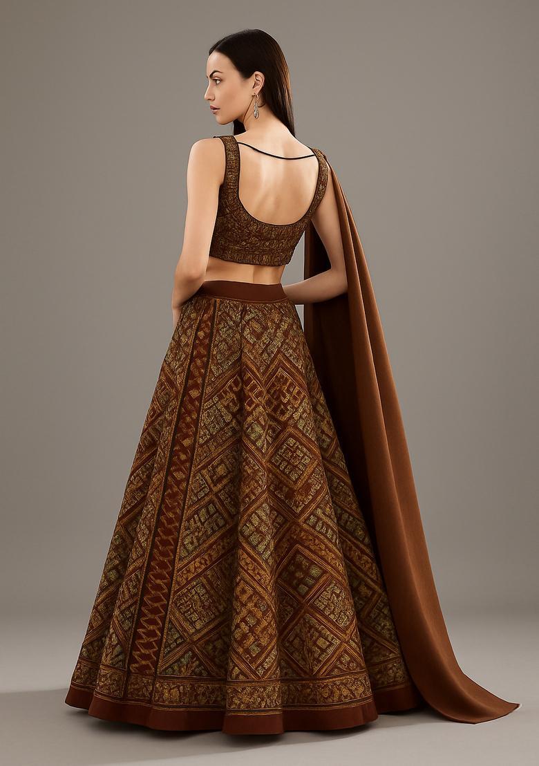 Brown Sequin Embroidered Crepe Lehenga Set - Indya