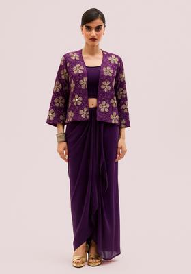 Purple Embroidered  Georgette Lehenga Set