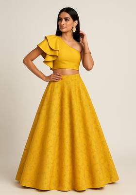 Yellow Sequin Embroidered Raw Silk Blend Lehenga Set