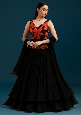 Black Embroidered Georgette Lehenga Set