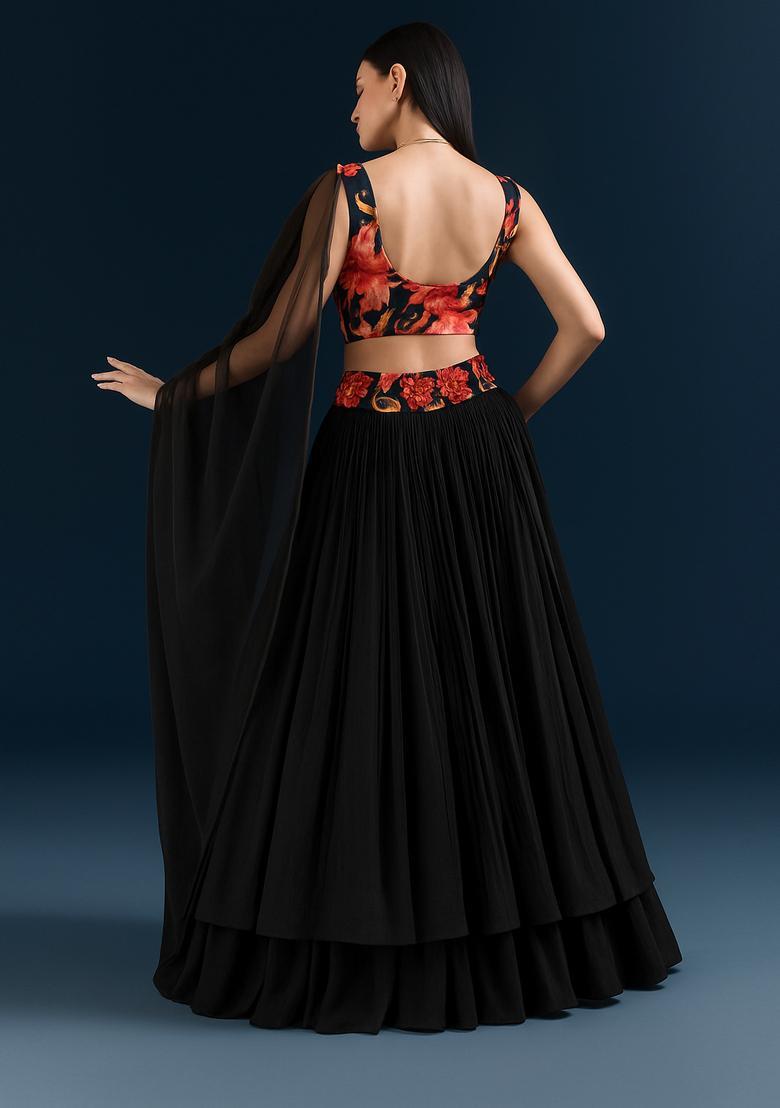 Black Embroidered Georgette Lehenga Set - Indya