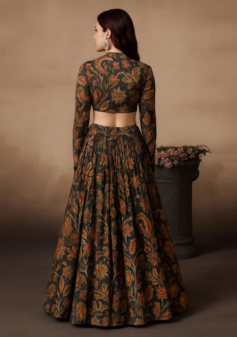 Brown Printed Chiffon Lehenga Set - Indya
