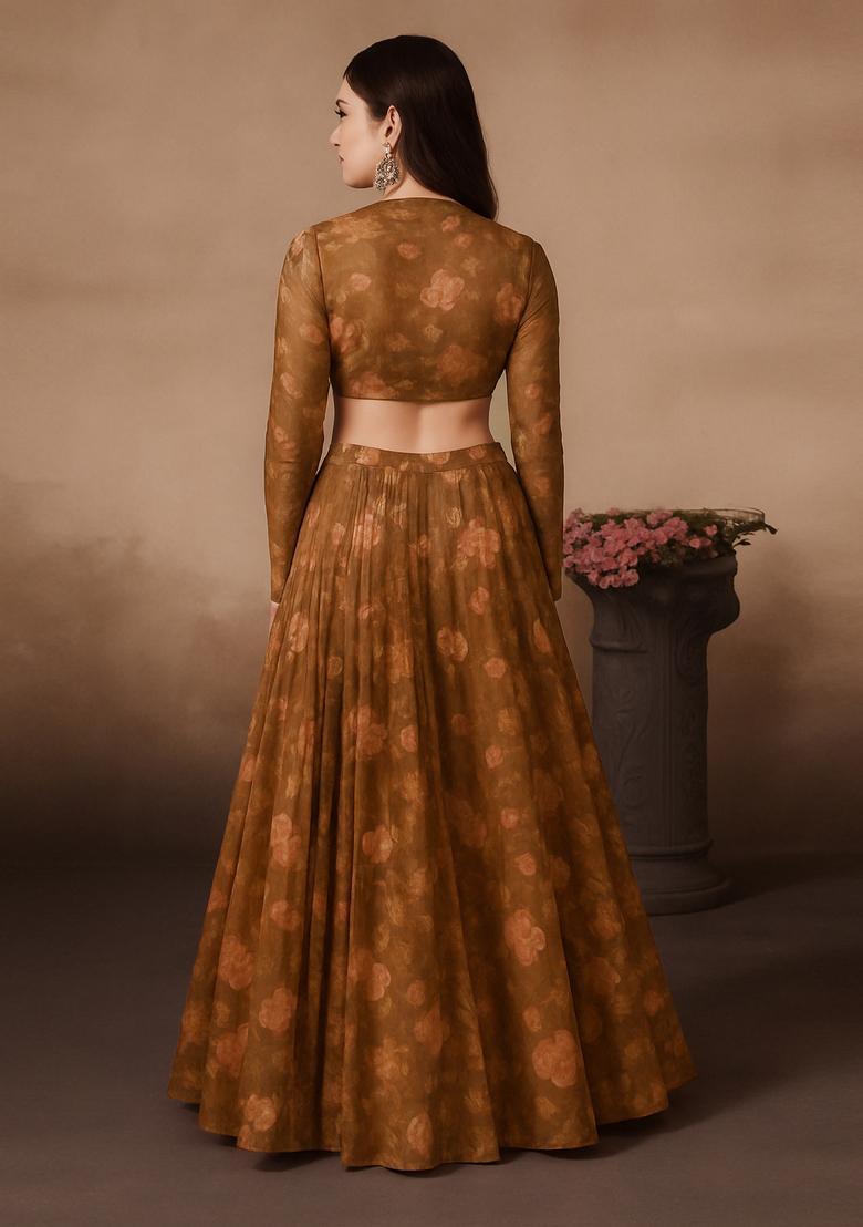 Brown Printed Chiffon Lehenga Set - Indya