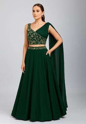 Green Embroidered Georgette Lehenga Set