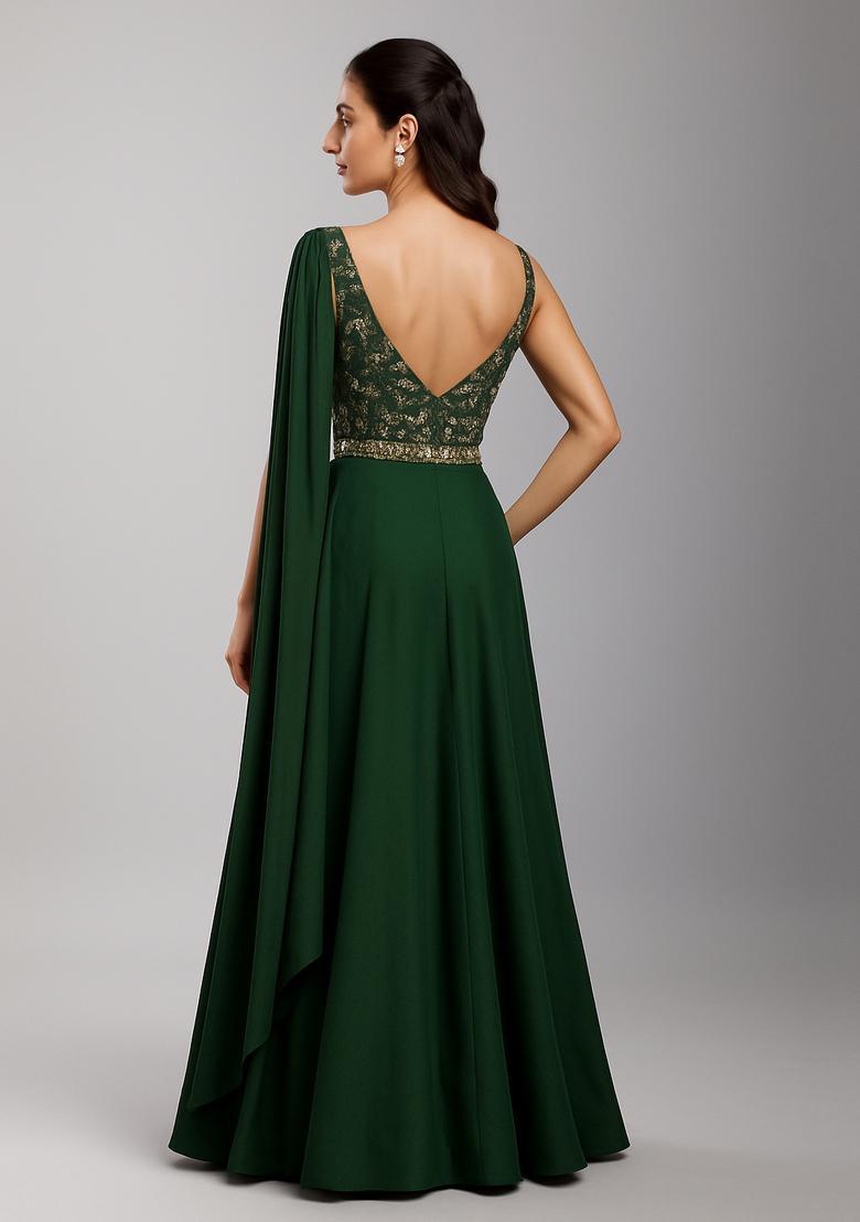 Green Embroidered Georgette Lehenga Set - Indya