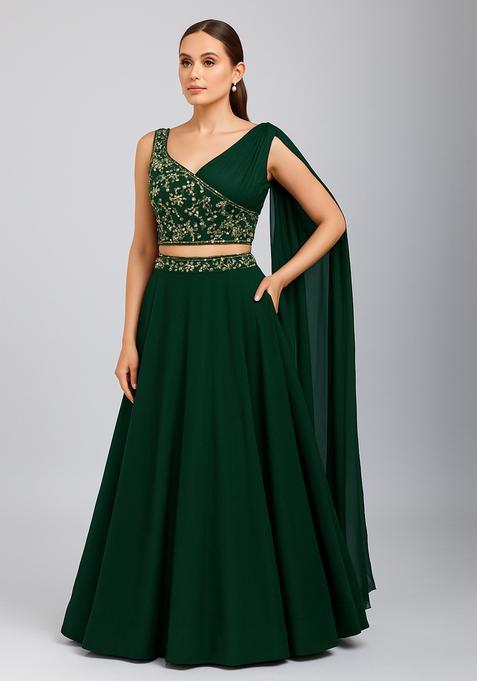 Green Embroidered Georgette Lehenga Set