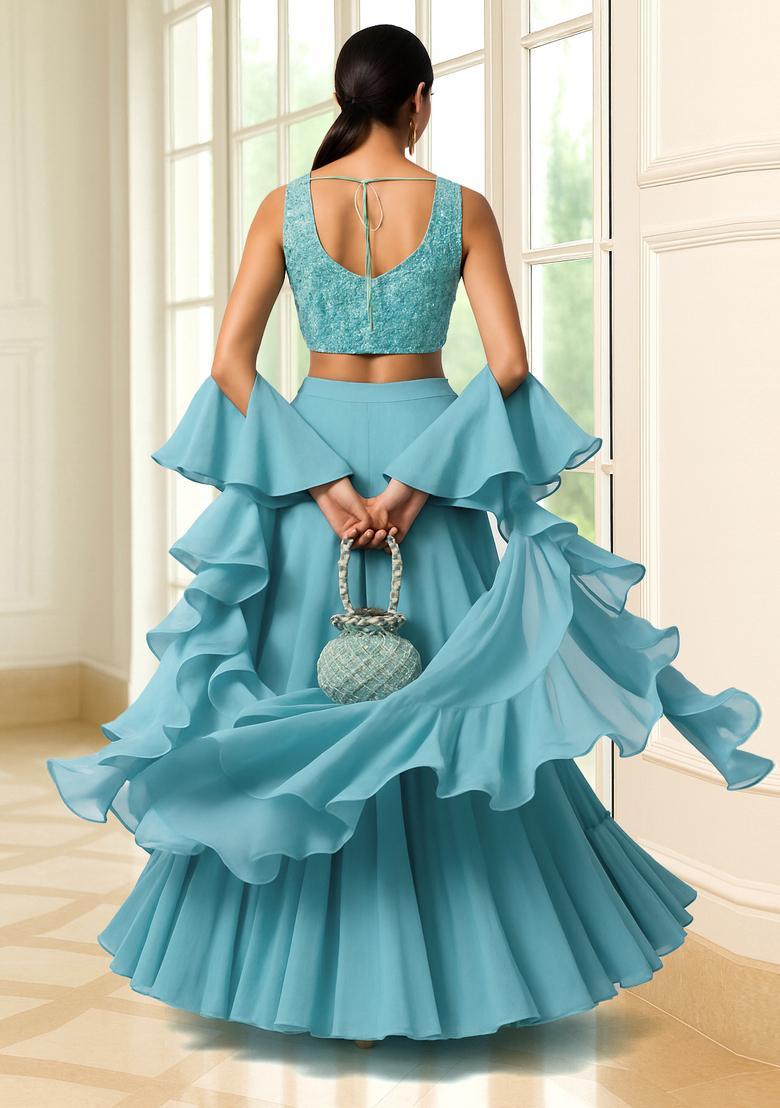 Sky Blue Embellished Blouse Georgette Lehenga Set - Indya