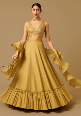 Gold Sequin Embellished Blouse Georgette Lehenga Set