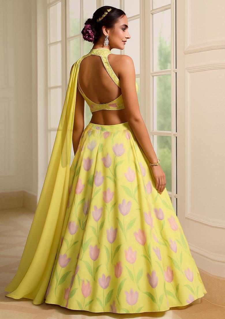 Yellow Printed Satin Lehenga Set - Indya