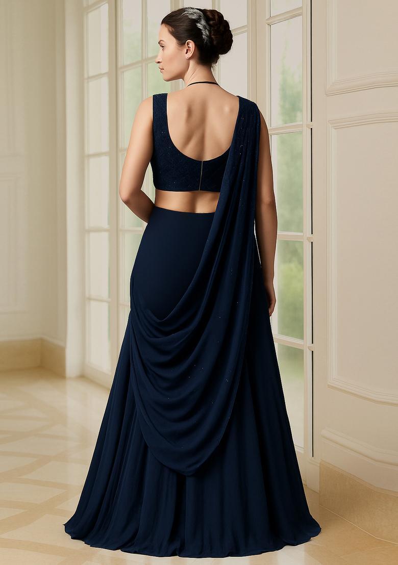 Blue Embroidered Velvet Lehenga Set - Indya