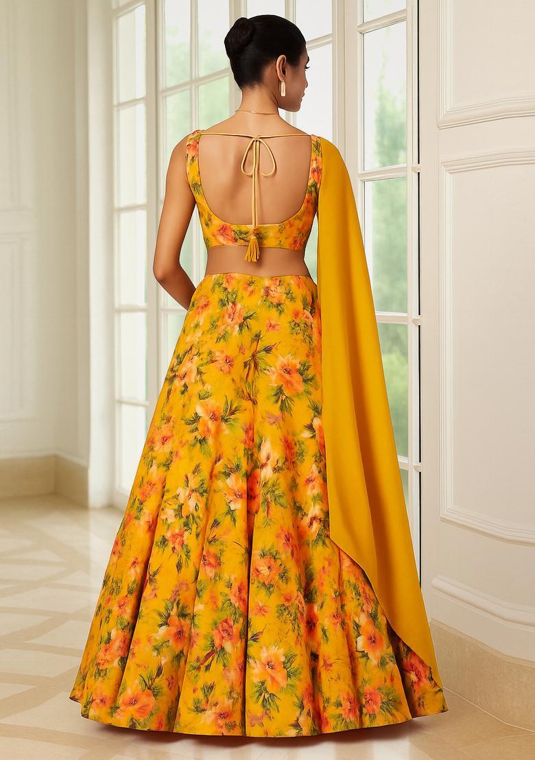 Yellow Printed Organza Lehenga Set - Indya