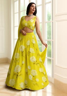Yellow Printed Silk Blend Lehenga Set