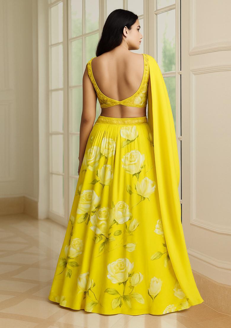 Yellow Printed Silk Blend Lehenga Set - Indya