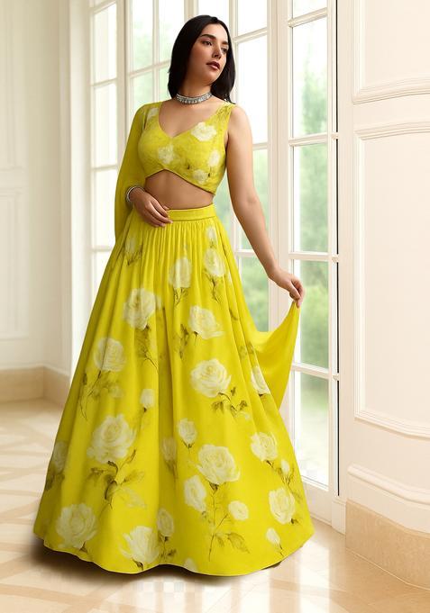 Yellow Printed Silk Blend Lehenga Set
